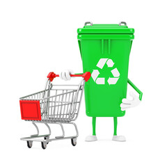 Poster - Recycle Sign Green Garbage Trash Bin Character Mascot with Shopping Cart Trolley . 3d Rendering