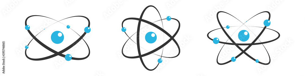 Atom icon in flat design. Set gray molecule symbol or atom symbol isolated. Vector illustration - obrazy, fototapety, plakaty 