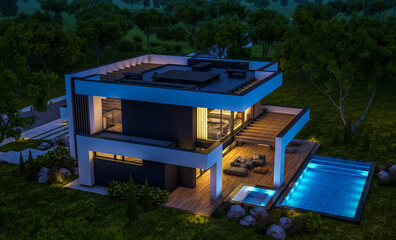 Wall Mural - 3d rendering of modern cozy house with pool and parking for sale or rent in luxurious style and beautiful landscaping on background. Clear summer night with many stars on the sky.
