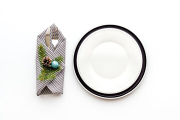 Festive table setting for Christmas or New year dinner. Top view