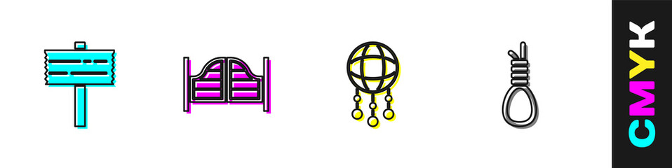 Sticker - Set Road traffic signpost, Saloon door, Dream catcher with feathers and Gallows rope loop hanging icon. Vector.