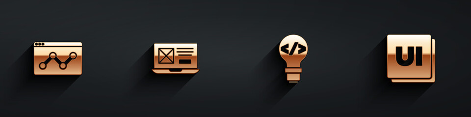 Set Website statistic, UI or UX design, Front end development and icon with long shadow. Vector.