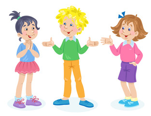 Wall Mural - Children and emotions. Two cute girls and a funny boy are talking. In cartoon style. Isolated on white background. Vector flat illustration.