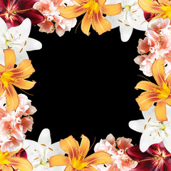 Fotomurales - Beautiful flower frame made of lilies and pelargonium. Isolated