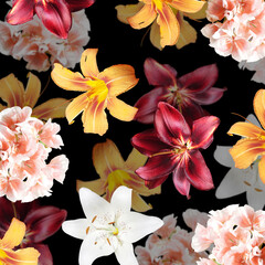 Fotomurales - Beautiful floral background of lilies and pelargoniums. Isolated