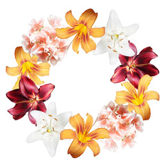 Fotomurales - Beautiful flower wreath of lilies and pelargonium. Isolated