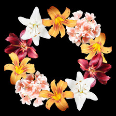 Fotomurales - Beautiful flower wreath of lilies and pelargonium. Isolated