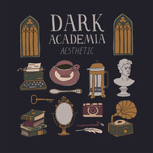 Dark Academia Room Set. Vintage Elements Collection. Bust, French Press, Typewriter, Stacks Of Books And Gramophone. Hand Written Lettering. Antique Aesthetic Vector Illustration. Gothic Architecture