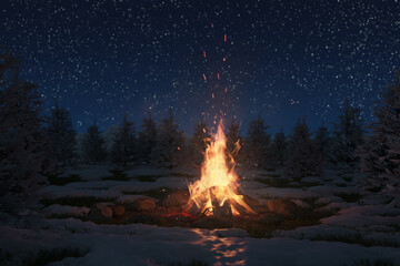 Wall Mural - 3d rendering of bonfire on melting snow with sparks and particles in front of pine trees and starry 