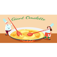 Giant Omelette Celebration. Two cute chefs cooking giant omelet for celebration. Big pan with fried eggs