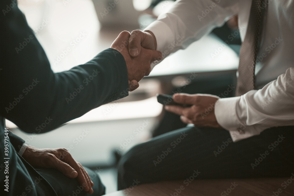 Two businessmen handshaking colleagues or business partners on modern office background. Business concept. Close up shot. - obrazy, fototapety, plakaty 