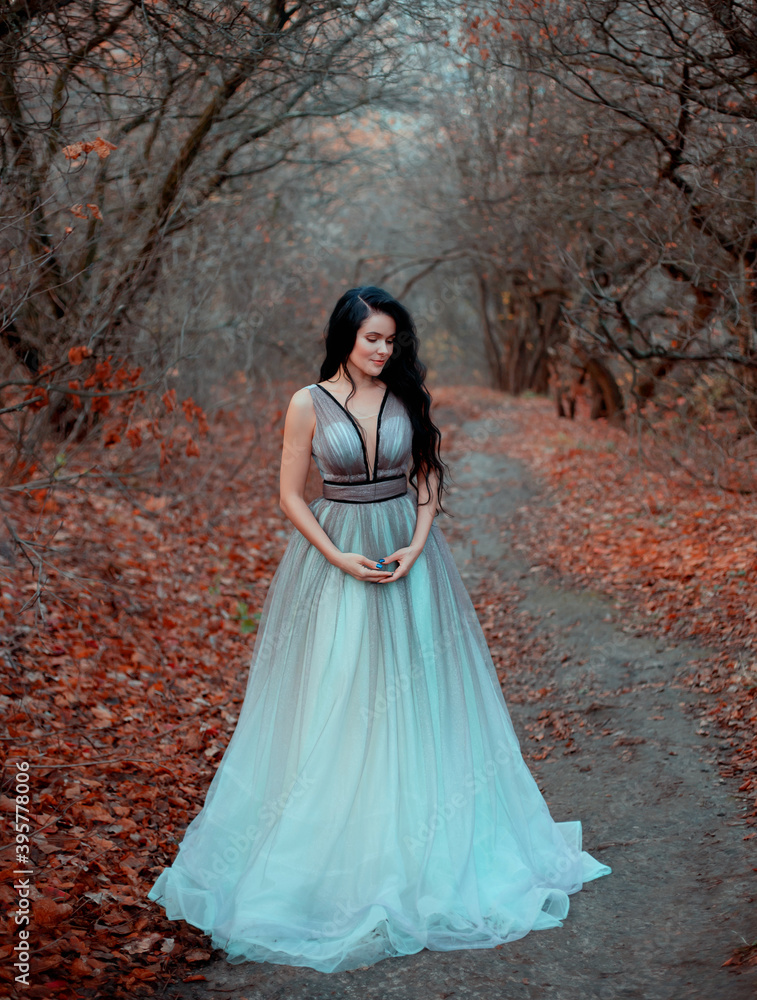 Fotografia do Stock Girl bride with long black hair. Beautiful woman fantasy princess in lush evening vintage dress. dark deep forest trees fog orange fallen leaves. Fashion model walks in blue turquoise Fotografia do Stock Girl bride with long black hair. Beautiful woman fantasy princess in lush evening vintage dress. dark deep forest trees fog orange fallen leaves. Fashion model walks in blue turquoise