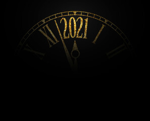  2021 New Year card gold glitter classic clock on black background,illustration EPS10.
