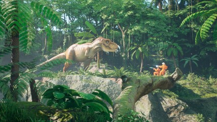 A meeting of two time-traveler astronauts and a predatory Tyrannosaurus rex in a prehistoric Jurassic park. 3D Rendering.