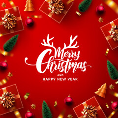 Wall Mural - Merry Christmas & Happy New Year Promotion Poster or banner with red gift box  and christmas element for Retail,Shopping or Christmas Promotion in red and gold style.