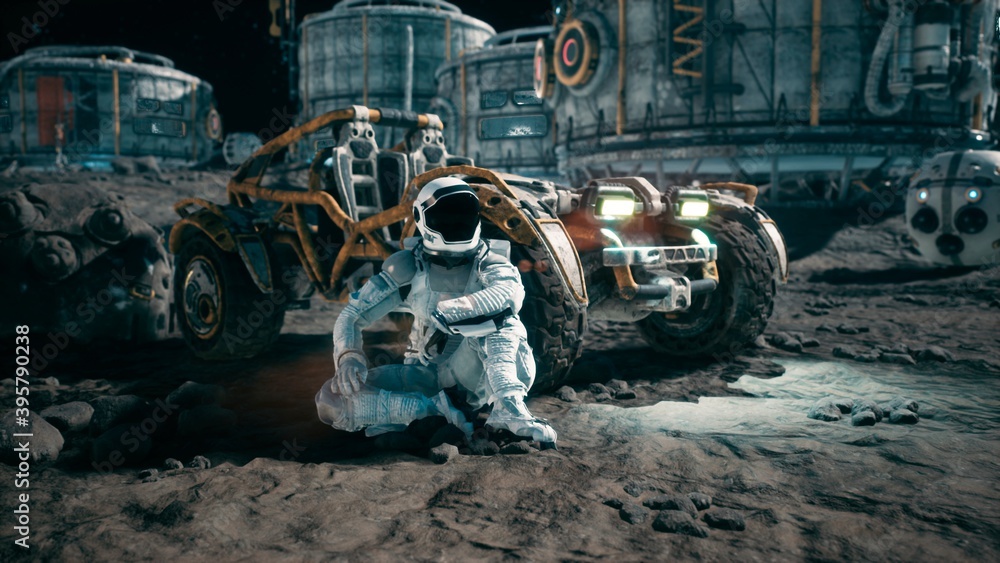 The astronaut is resting near his lunar rover and admiring the planet. View of the lunar surface and space base. 3D Rendering. - obrazy, fototapety, plakaty 