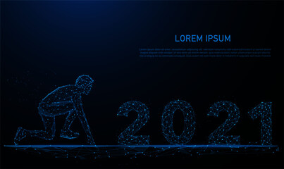 Wall Mural - Start to the new year 2020 plans, goals, objectives illustration made by points and lines, polygonal wireframe connection structure blue background. Low poly greeting card. Vector. glowing blue.