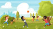 © lembergvector - Kids play in summer park vector illustration. Cartoon child training pet dog, children have fun, running and playing with ball on green grass field, outdoor sport activity in childhood background