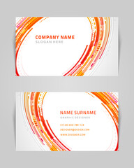 Wall Mural - Business card with techno circles and abstract lines vector template. Yellow sliding curved stripes with modern industrial design.