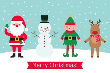 Poster - Christmas vector greeting card with Santa Claus, Elf, Snowman and Deer