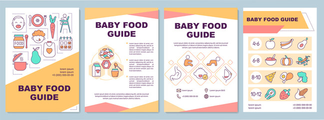 Baby food guide brochure template. Breastmilk and infant formula. Flyer, booklet, leaflet print, cover design with linear icons. Vector layouts for magazines, annual reports, advertising posters