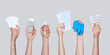 Set of antiseptic items. Hands holding bottles of antiseptic hand gel and spray, medical gloves, couches and wearing mask on blue background. Flu, illness, pandemic concept