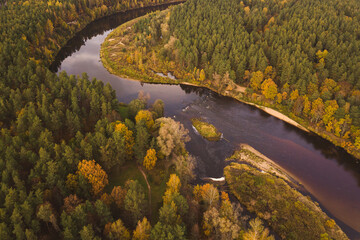 view from above drone shot of autumn fall cloudy day  forest woods park trees and river shore 