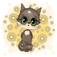 Kitten. Kitty cub. Cute funny animal on an abstract background with flowers. Child. Cartoon style. Isolated on white. vector