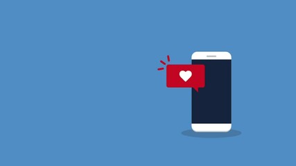 Animation of a smartphone with heart emoji speech bubble get message on screen. Social network and mobile device concept. 