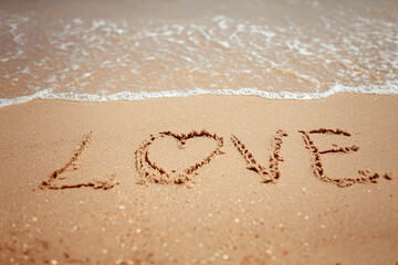 Wall Mural - Handwritten Love Word on the Sand Coast. Wonderful words on beach sand. Love idea concept.