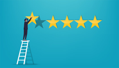 Man giving star rates concept. Satisfied customer feedback vector illustration