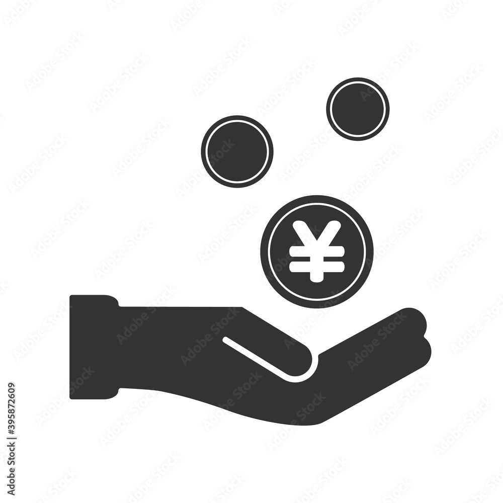 マーク入りの複数のコインと手のアイコン - 白黒・白バック：円・硬貨・収入・買い物・貯蓄・費用・投資 の Stock ベクター | Adobe  Stock