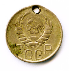 Old Soviet coin 20 kopecks, 1943 issue.Used by Bashkir women as a decoration, strung through a hole.