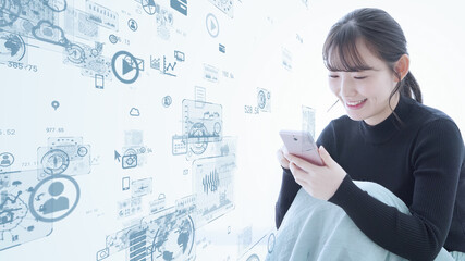 Wall Mural - モバイルネットワーク　スマホを使う女性