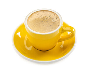 Cup of hot espresso on white background