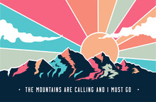 Vintage Styled Mountains Landscape With Mountains Peaks And Retro Colored Sky With Clouds. Vector Illustration
