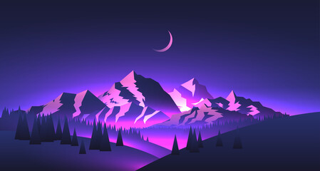 Night mountains landscape with mountains peaks and valleys with purple glowing and moon. Travel adventure themed vector illustration