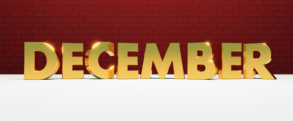 Wall Mural - december gold metallic text word glowing, calendar wide banner brick background