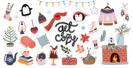 Wall Mural - cozy christmas collection with different elements and hand lettering, isolated on white