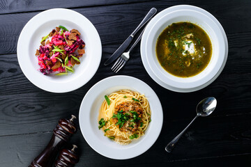 Poster - Three-course set menu for a nutritious healthy lunch in a restaurant, Three course set on table in business lunch, food set lunch