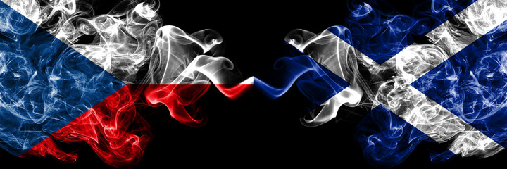 Czech Republic, Czech vs Scotland, Scottish, Scots smoky mystic flags placed side by side. Thick colored silky abstract smoke flags.