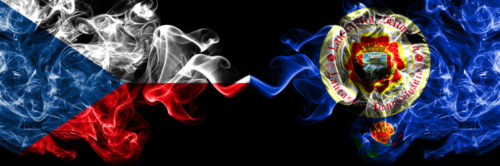 Czech Republic, Czech vs United States of America, America, US, USA, American, Lancaster, Pennsylvania smoky mystic flags placed side by side. Thick colored silky abstract smoke flags.