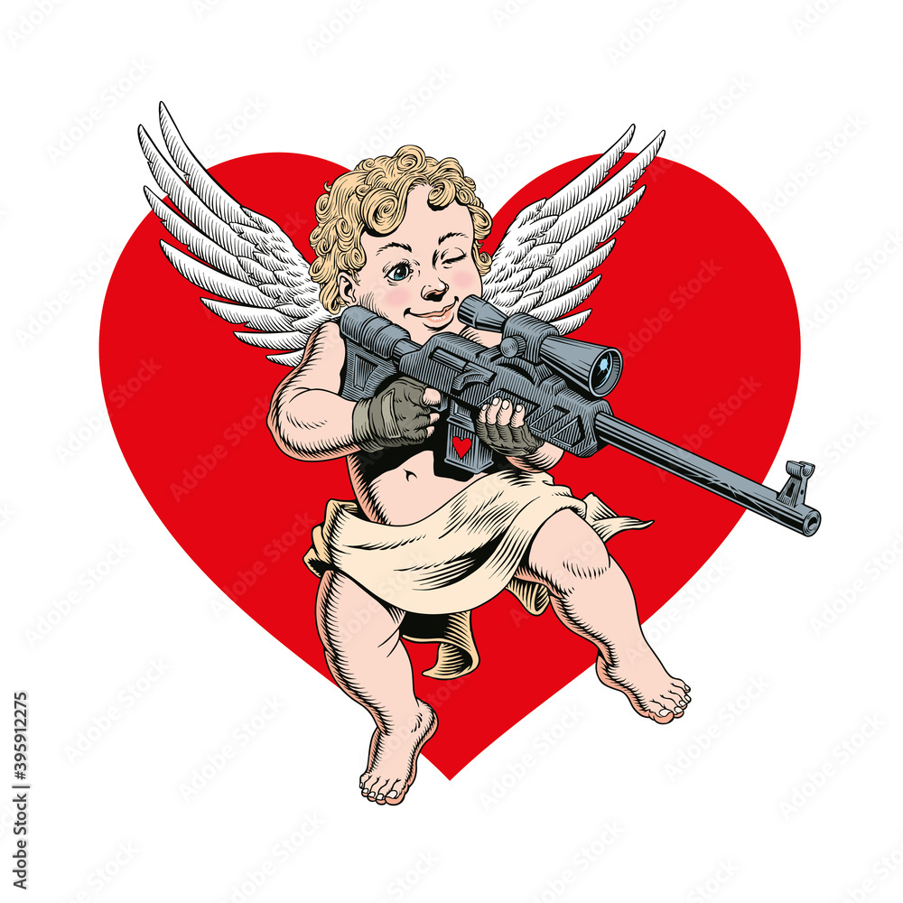 Vetor Cupid sharpshooter holding sniper rifle. Cute angel of love