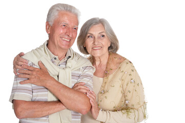 Canvas Print - Happy senior couple hugging isolated on white background