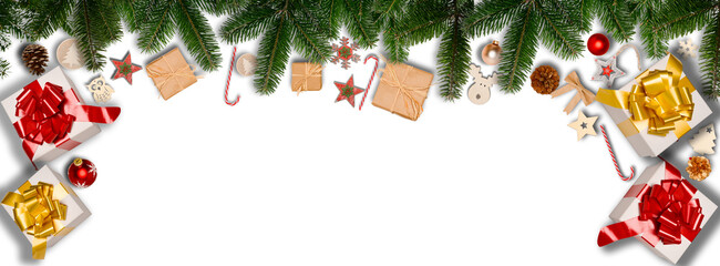 Wall Mural - christmas horizontal banner flat lay ornament decoration with copy space white background