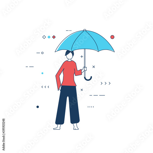 Person with blue umbrella. Women standing and holding umbrella protecting from bad weather and rain. White background and girl protected by umbrella. Abstract line style vector illustration. © ikonstudio