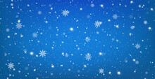 Snowy Blue Background With Falling Snowflakes. Christmas Winter Snowfall With White Snow Flakes.