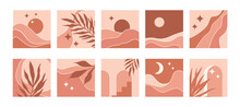 A Set Of Mid-century Abstract Minimalistic Square Backgrounds In Natural Earthy Colors, Sand, Beige, Terracotta. Vector Illustration With Mountain Landscape, Natural Shapes, Arches,  Sun, Moon, Stars.
