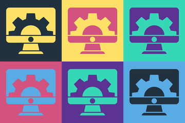 Pop art Software, web development, programming concept icon isolated on color background. Programming language and program code on screen monitor. Vector.