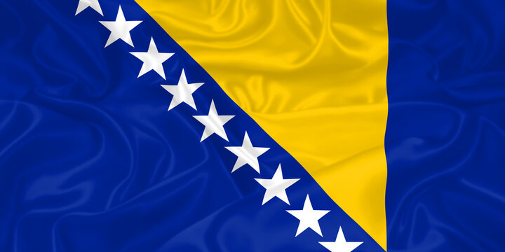 bosnia flag waving. national flag of bosnia and herzegovina with waves and wind. official colors and